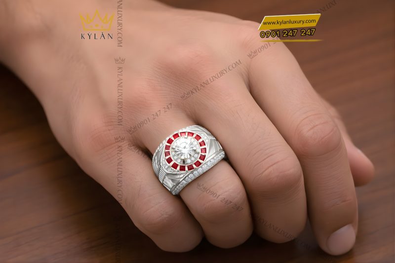 Nhẫn nam vàng trắng Au750 đính kim cương và sapphire đỏ