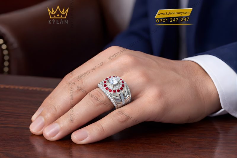 Nhẫn nam vàng trắng Au750 đính kim cương và sapphire đỏ