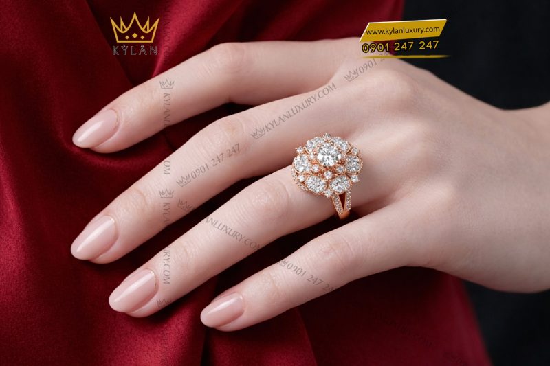 Nhẫn nữ vàng hồng Au750 đính kim cương