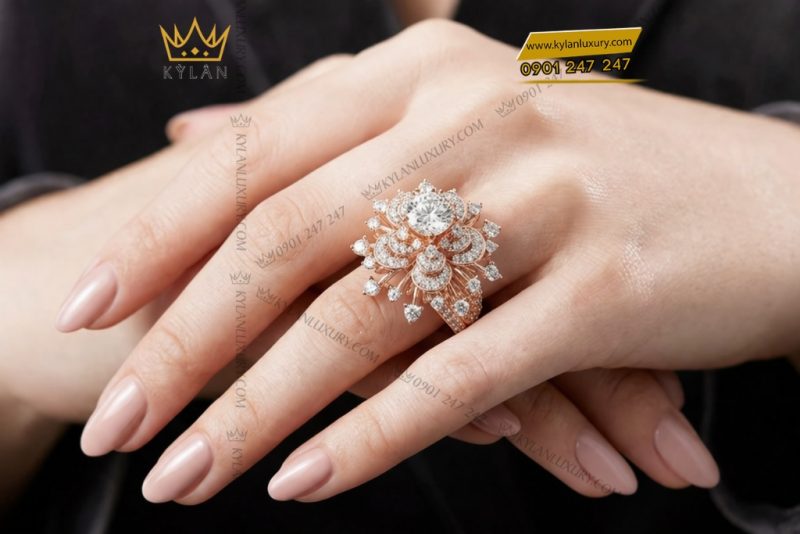 Nhẫn nữ vàng hồng Au750 đính kim cương