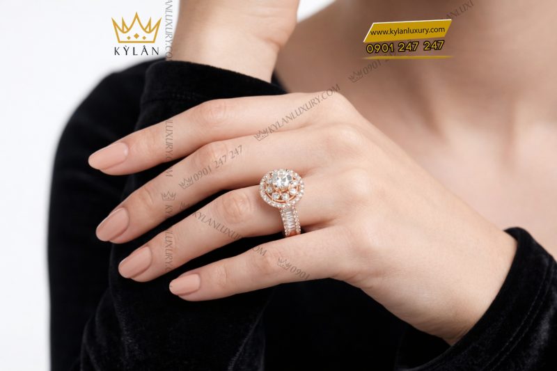 Nhẫn nữ vàng hồng Au750 đính kim cương