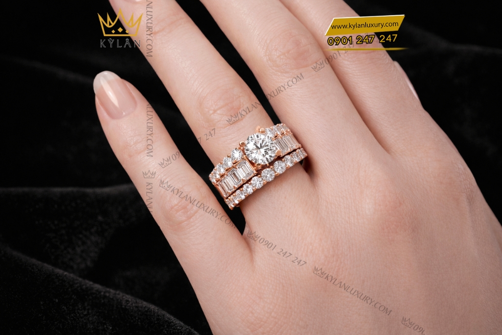 Nhẫn nữ vàng hồng Au750 đính kim cương