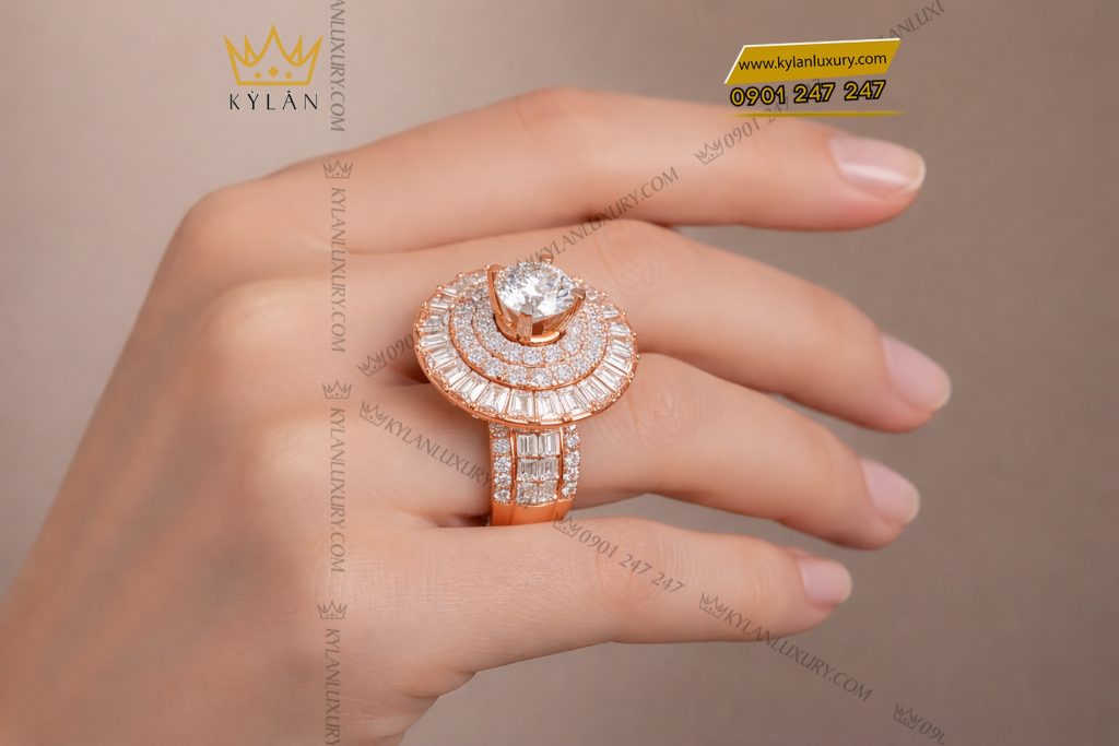 Nhẫn nữ vàng hồng Au750 đính kim cương