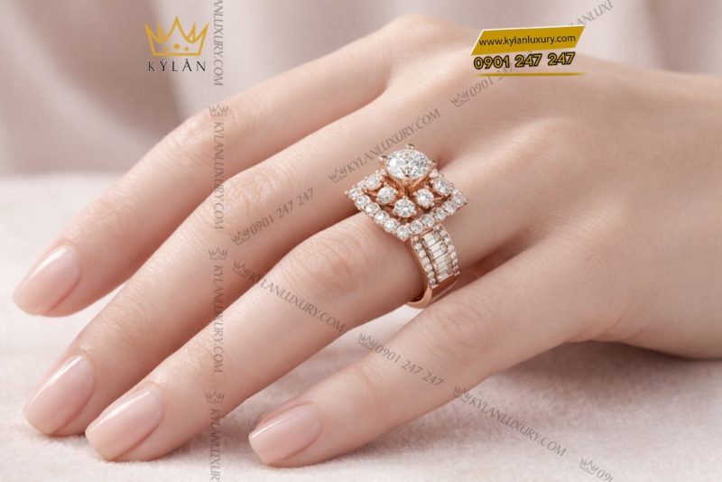 Nhẫn nữ vàng hồng Au750 đính kim cương