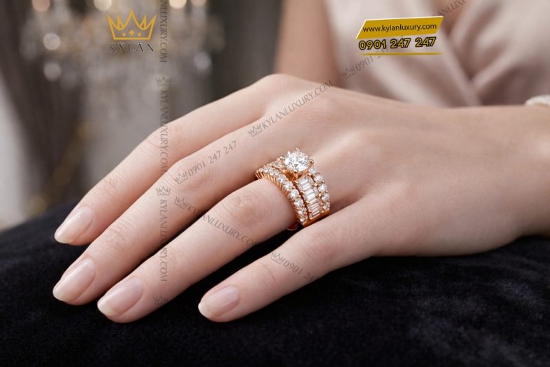 Nhẫn nữ vàng hồng Au750 đính kim cương