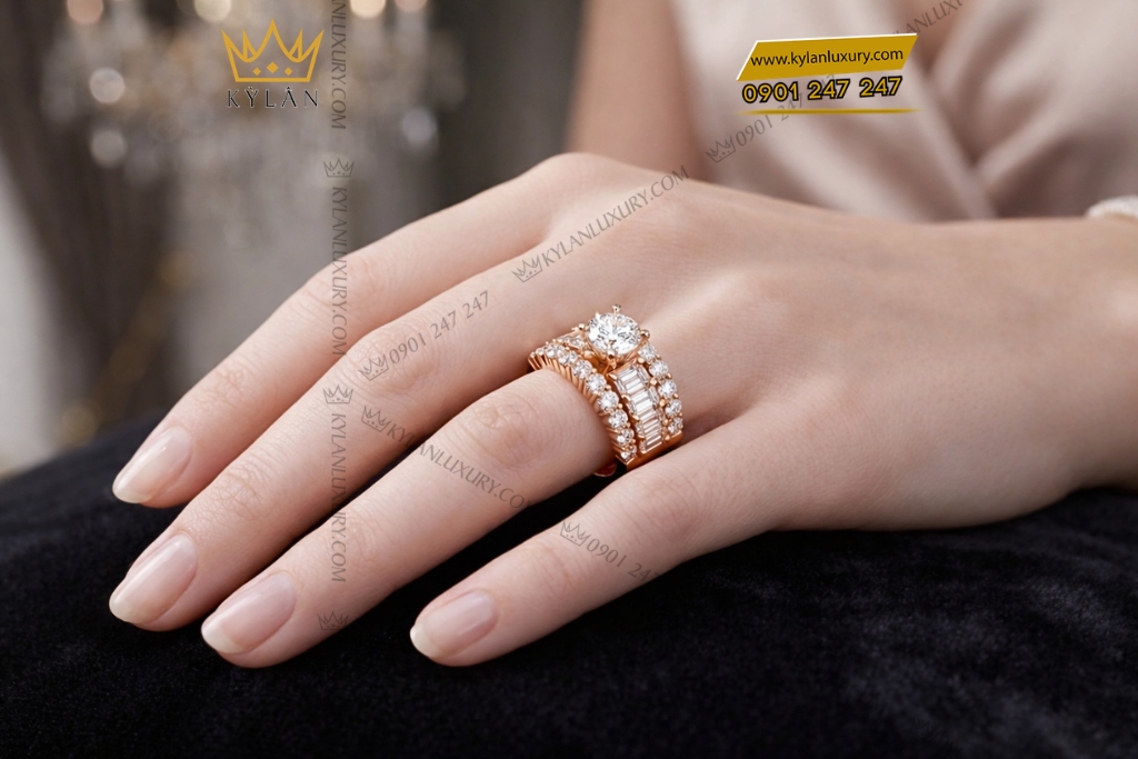 Kỳ Lân Luxury Nhan nu vang hong Au750 dinh kim cuong 18 1 Nhẫn nữ vàng hồng Au750 đính kim cương