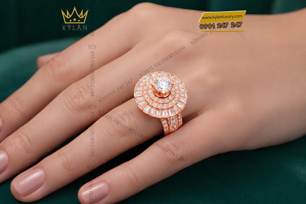 Kỳ Lân Luxury Nhan nu vang hong Au750 dinh kim cuong 18 Nhẫn nữ vàng hồng Au750 đính kim cương
