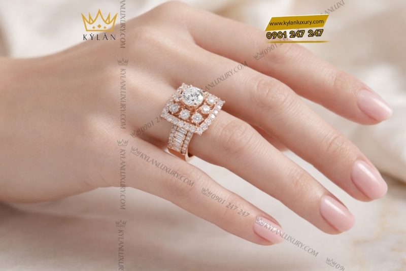 Nhẫn nữ vàng hồng Au750 đính kim cương