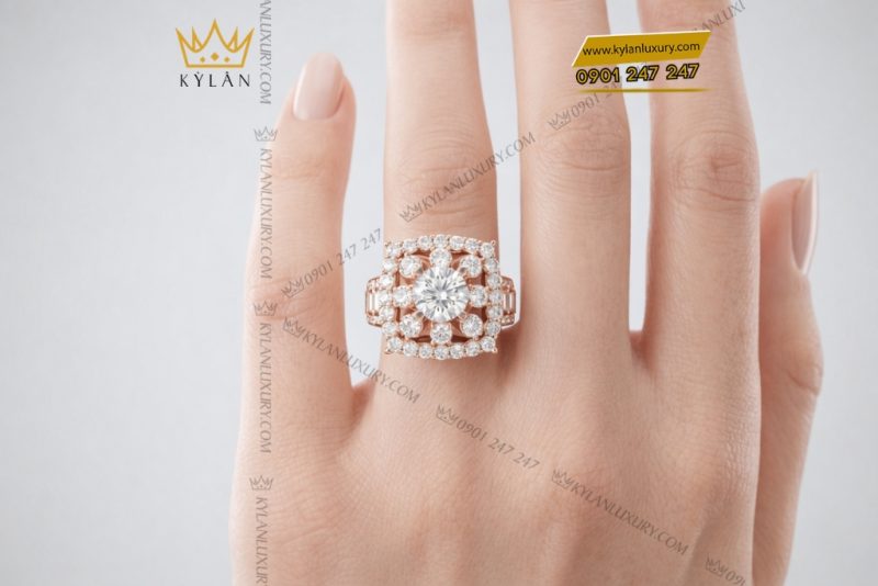 Nhẫn nữ vàng hồng Au750 đính kim cương