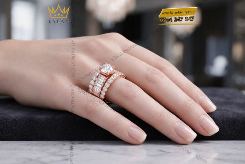 Nhẫn nữ vàng hồng Au750 đính kim cương