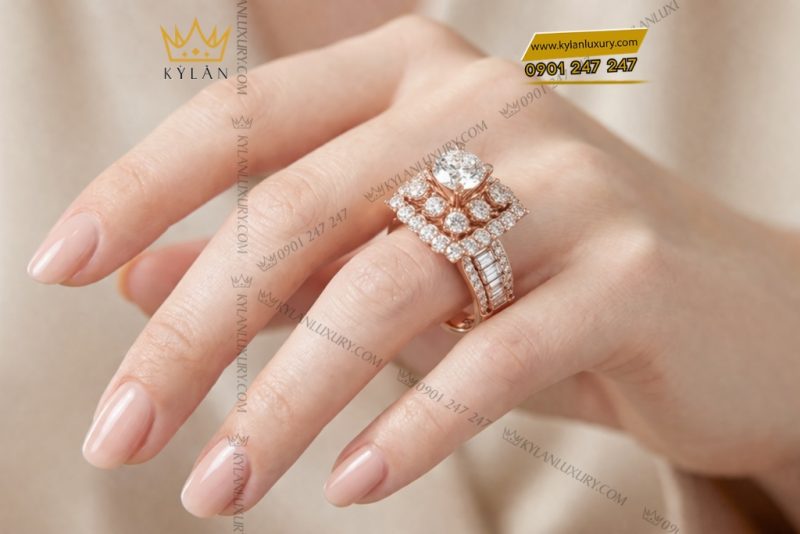 Nhẫn nữ vàng hồng Au750 đính kim cương