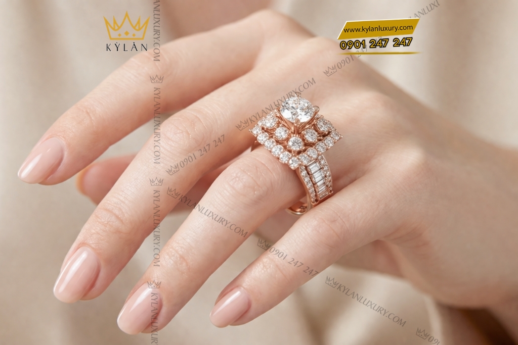 Nhẫn nữ vàng hồng Au750 đính kim cương