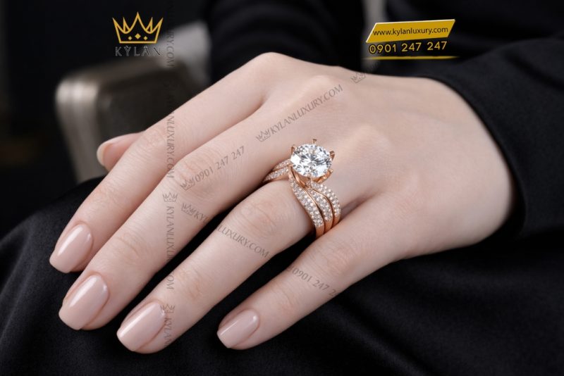 Nhẫn nữ vàng hồng Au750 đính kim cương