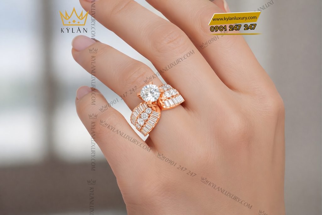 Nhẫn nữ vàng hồng Au750 đính kim cương