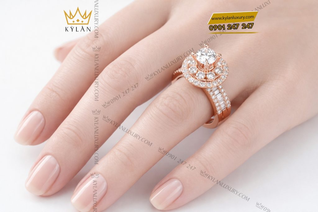 Nhẫn nữ vàng hồng Au750 đính kim cương