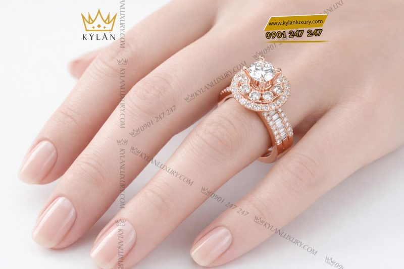 Nhẫn nữ vàng hồng Au750 đính kim cương
