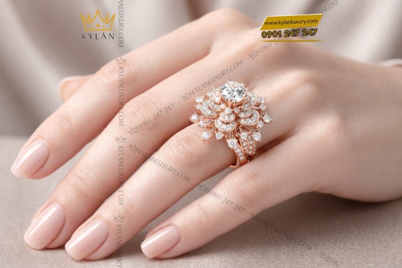 Nhẫn nữ vàng hồng Au750 đính kim cương