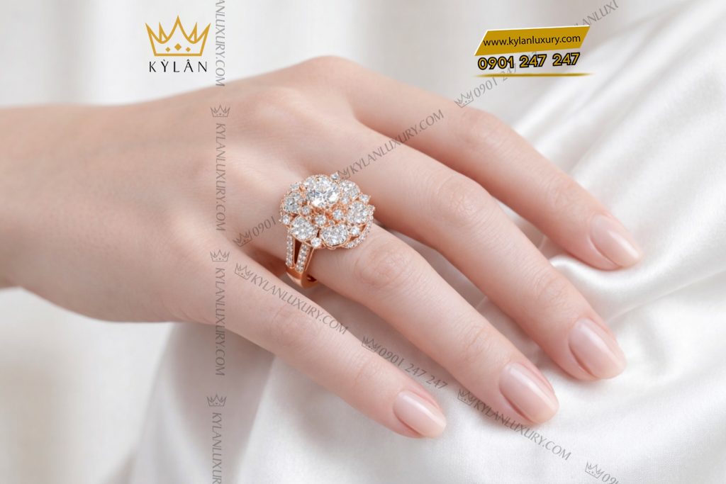 Nhẫn nữ vàng hồng Au750 đính kim cương