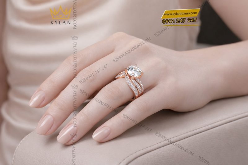 Nhẫn nữ vàng hồng Au750 đính kim cương