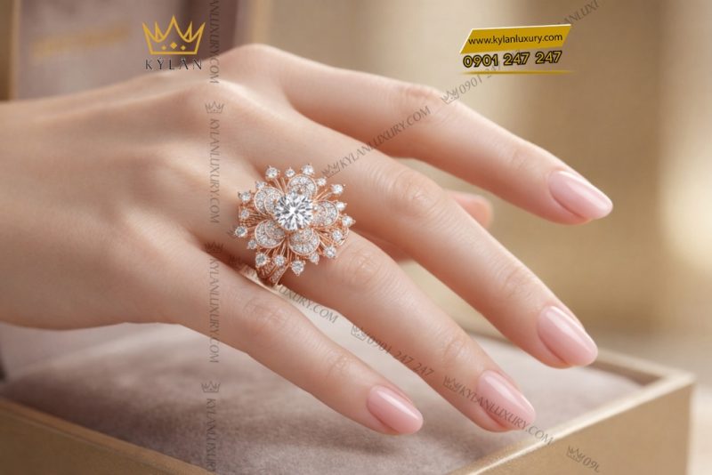 Nhẫn nữ vàng hồng Au750 đính kim cương