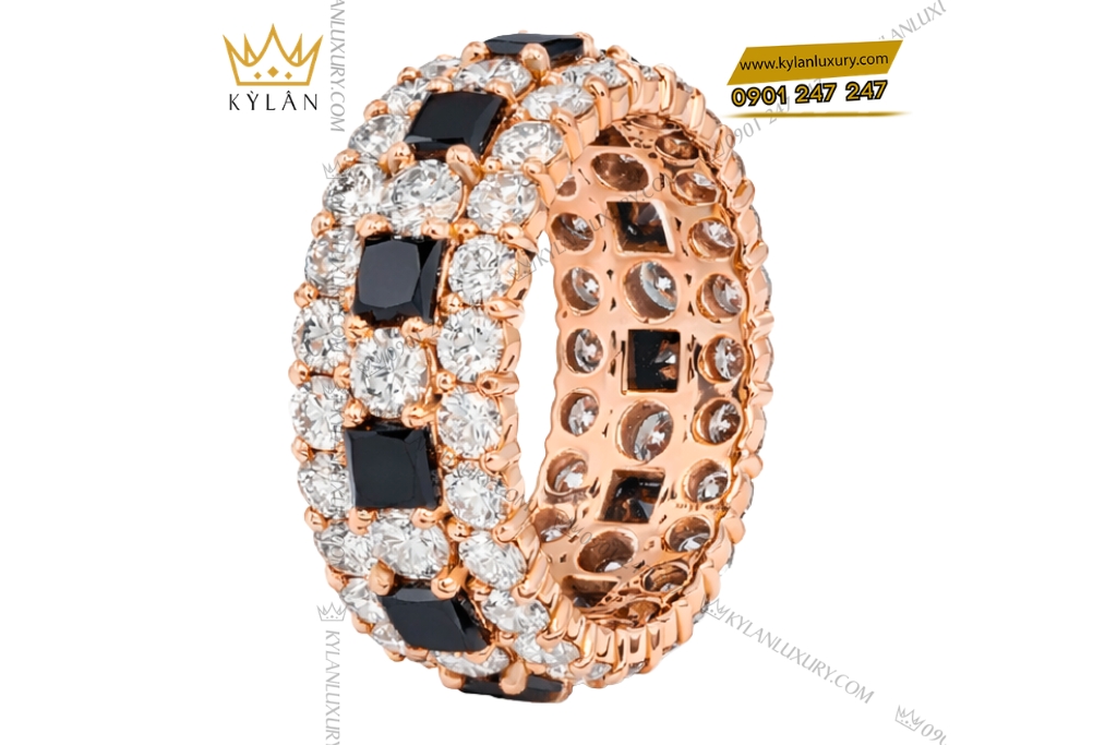 Kỳ Lân Luxury Nhan nu vang hong Au750 dinh kim cuong va sapphire den 3 Nhẫn nữ vàng hồng Au750 đính kim cương và sapphire đen