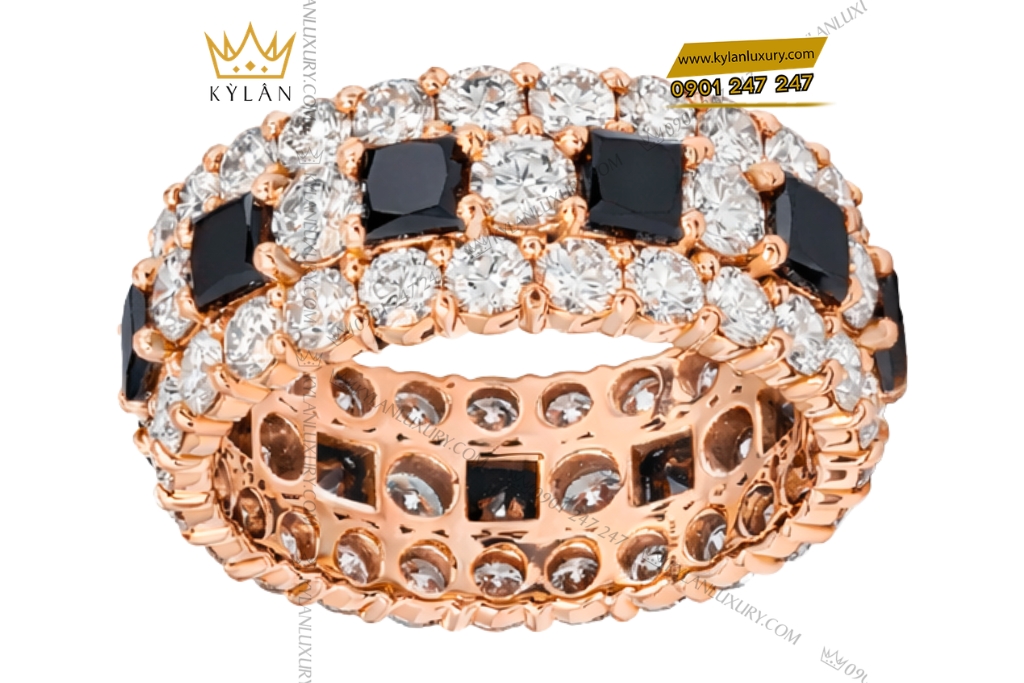 Nhẫn nữ vàng hồng Au750 đính kim cương và sapphire đen