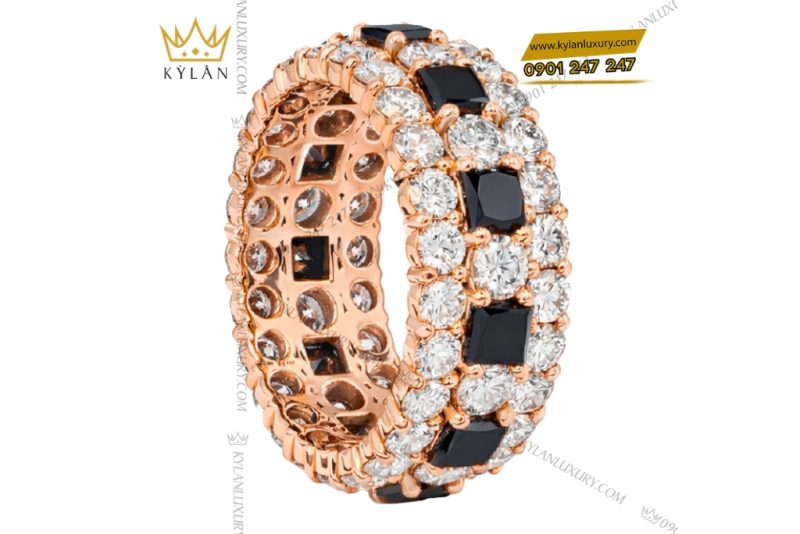 Nhẫn nữ vàng hồng Au750 đính kim cương và sapphire đen