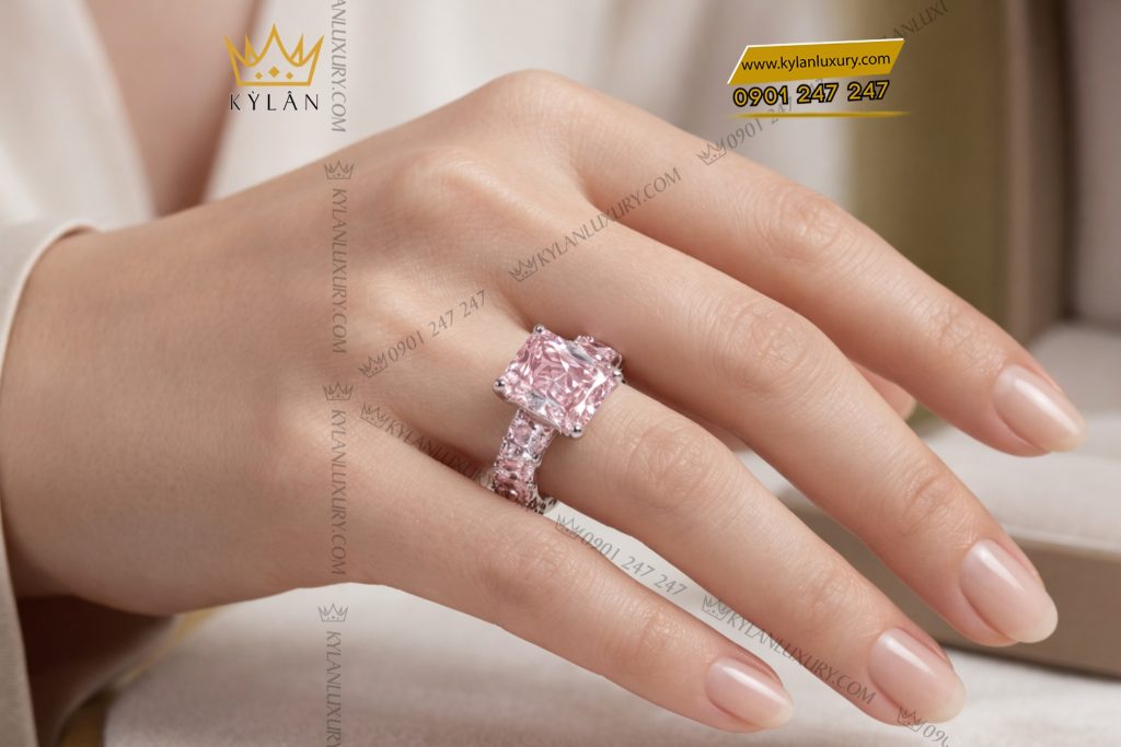 Nhẫn nữ vàng trắng Au750 đính đá sapphire hồng 