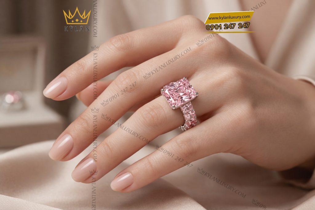 Kỳ Lân Luxury Nhan nu vang trang Au750 dinh da sapphire hong 9 Nhẫn nữ vàng trắng Au750 đính đá sapphire hồng