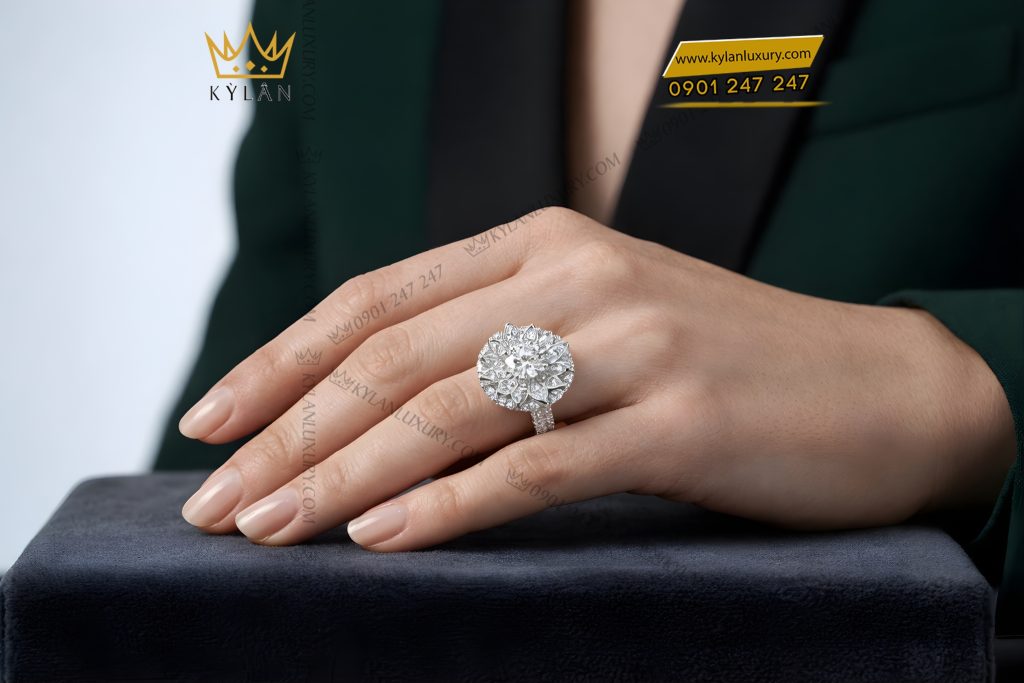 Nhẫn nữ vàng trắng Au750 đính kim cương