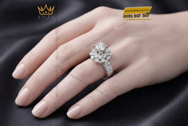 Nhẫn nữ vàng trắng Au750 đính kim cương