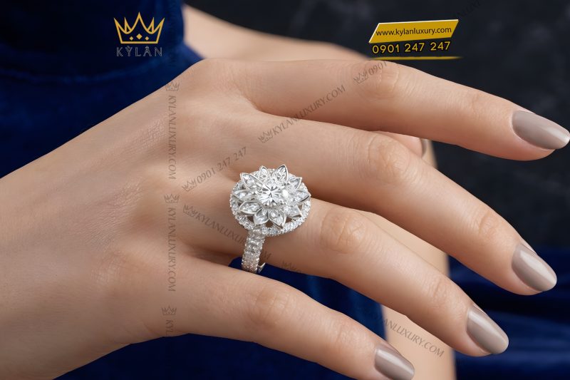 Nhẫn nữ vàng trắng Au750 đính kim cương