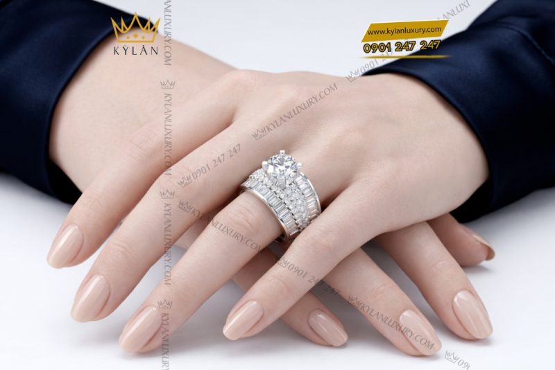 Nhẫn nữ vàng trắng Au750 đính kim cương