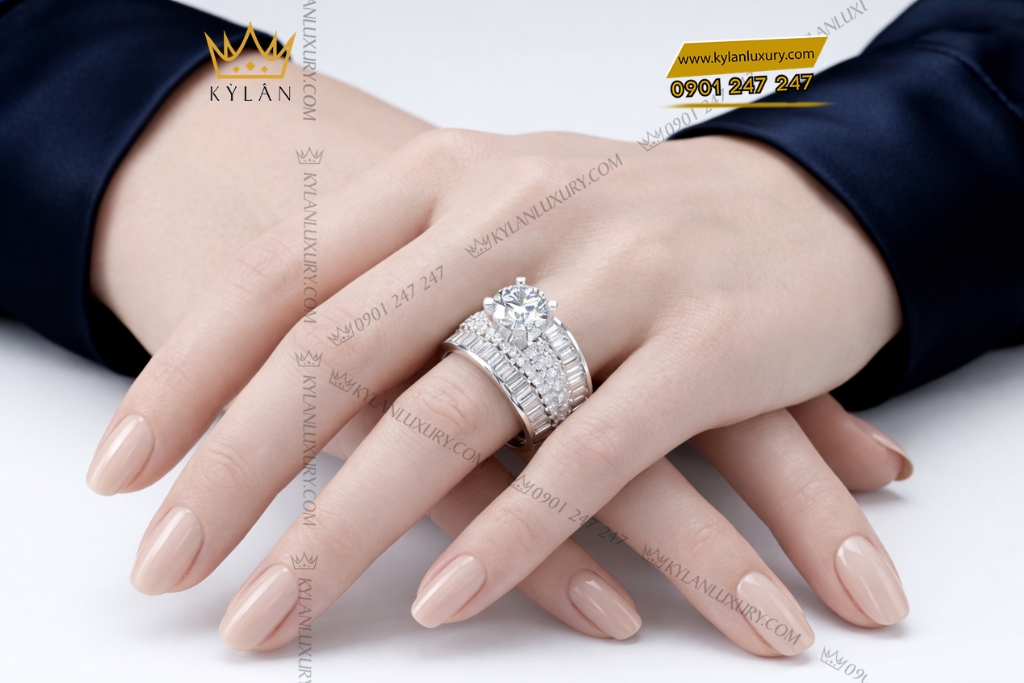 Nhẫn nữ vàng trắng Au750 đính kim cương