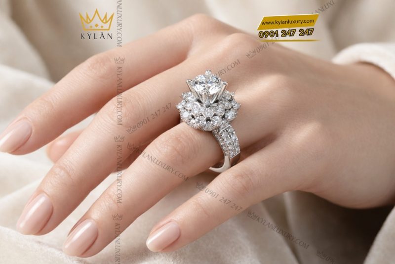 Nhẫn nữ vàng trắng Au750 đính kim cương