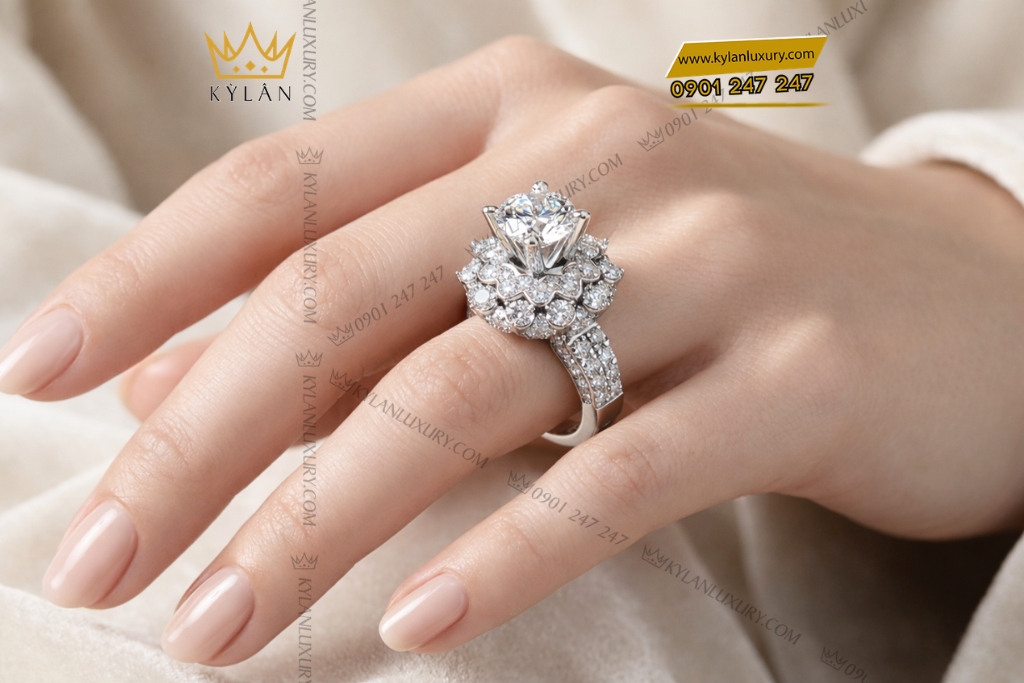 Nhẫn nữ vàng trắng Au750 đính kim cương