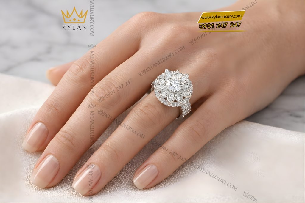 Kỳ Lân Luxury Nhan nu vang trang Au750 dinh kim cuong 8 Nhẫn nữ vàng trắng Au750 đính kim cương