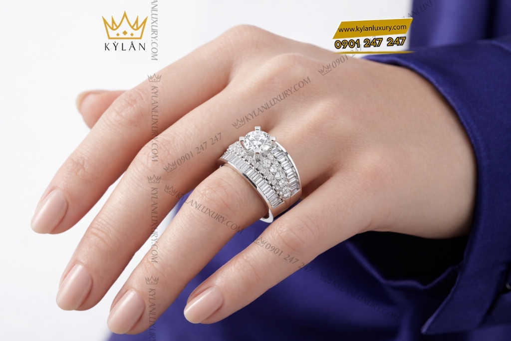 Nhẫn nữ vàng trắng Au750 đính kim cương