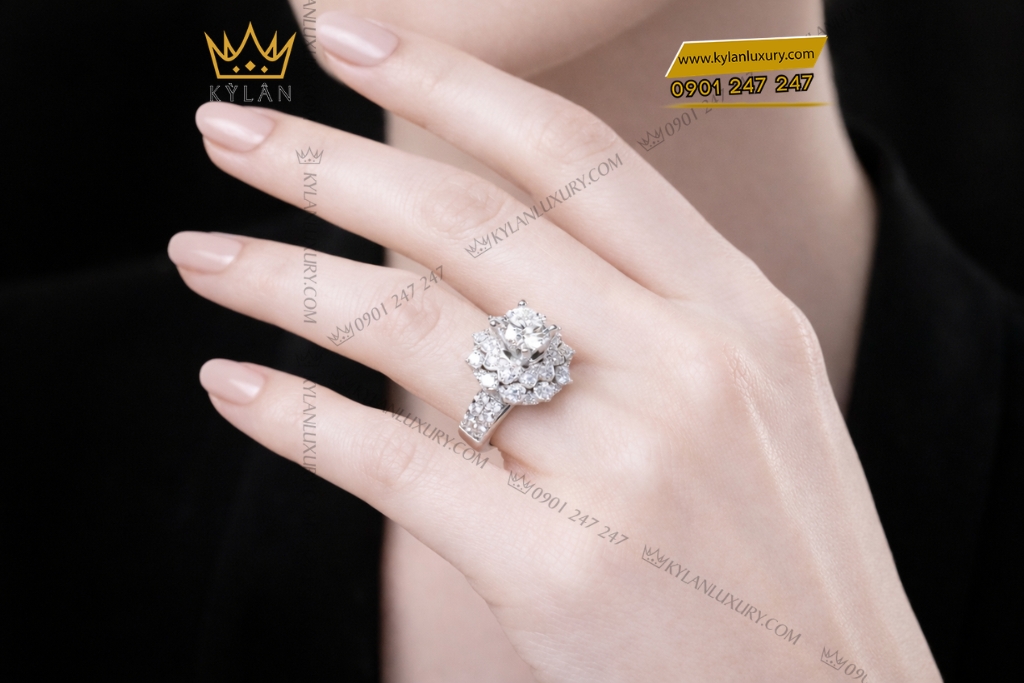 Nhẫn nữ vàng trắng Au750 đính kim cương