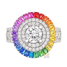 Nhẫn nữ vàng trắng Au750 đính kim cương và đá quý Rainbow