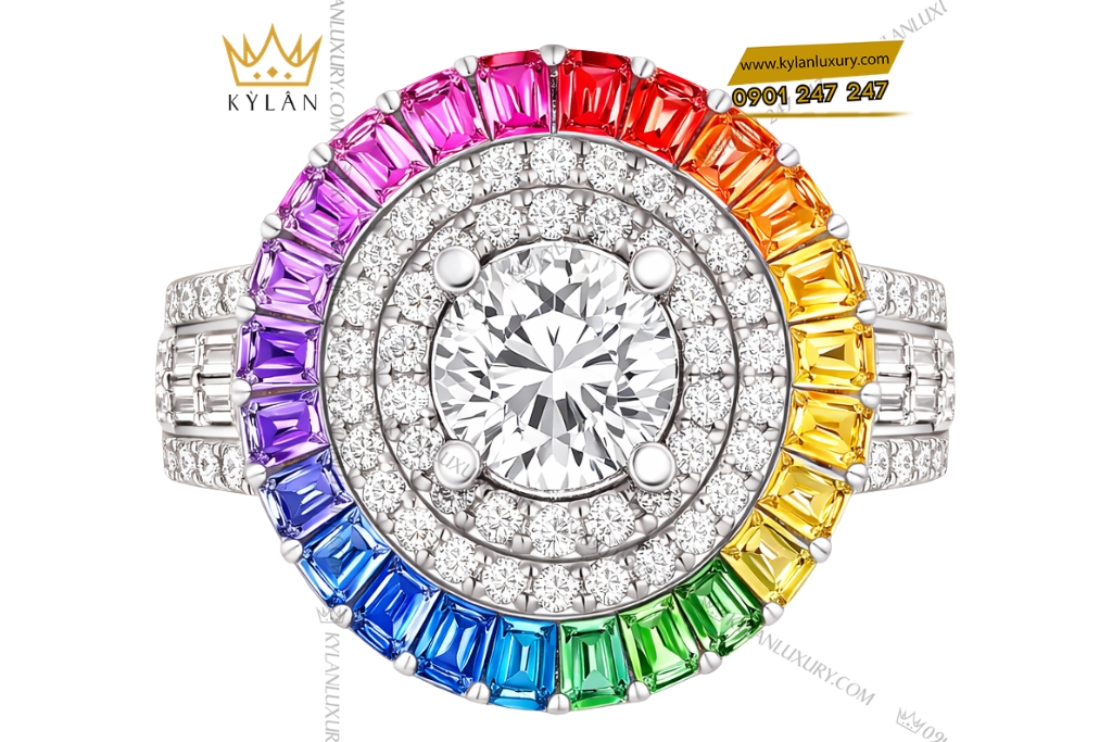Kỳ Lân Luxury Nhan nu vang trang Au750 dinh kim cuong va da quy Rainbow 2 Nhẫn nữ vàng trắng Au750 đính kim cương và đá quý Rainbow