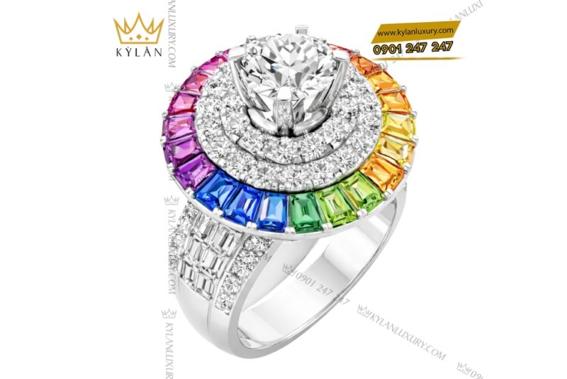 Nhẫn nữ vàng trắng Au750 đính kim cương và đá quý Rainbow