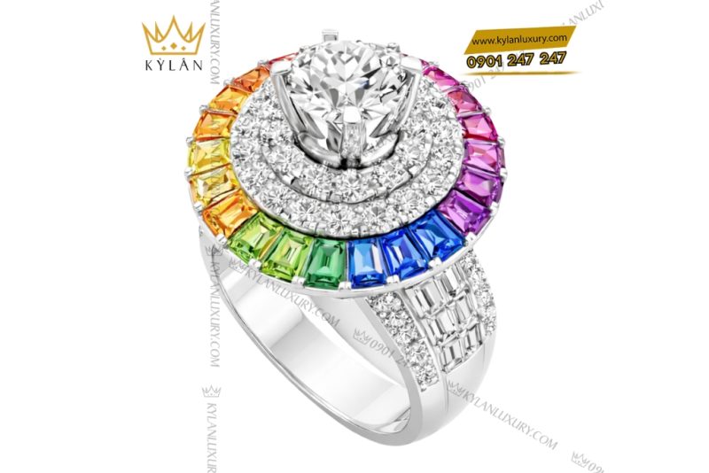 Nhẫn nữ vàng trắng Au750 đính kim cương và đá quý Rainbow
