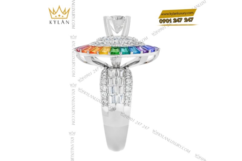 Nhẫn nữ vàng trắng Au750 đính kim cương và đá quý Rainbow