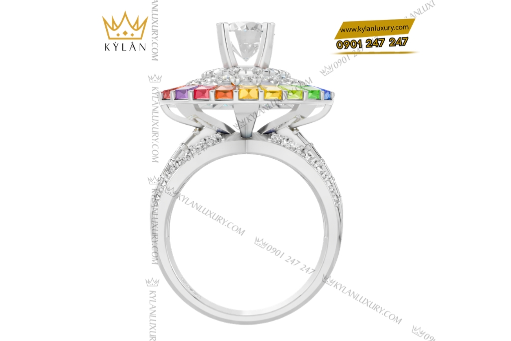 Nhẫn nữ vàng trắng Au750 đính kim cương và đá quý Rainbow