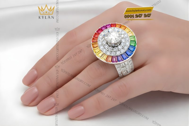 Nhẫn nữ vàng trắng Au750 đính kim cương và đá quý Rainbow