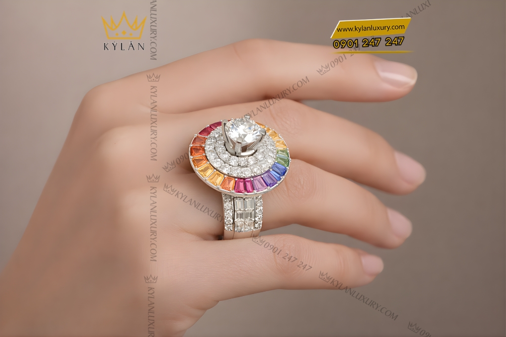 Kỳ Lân Luxury Nhan nu vang trang Au750 dinh kim cuong va da quy Rainbow 8 Nhẫn nữ vàng trắng Au750 đính kim cương và đá quý Rainbow