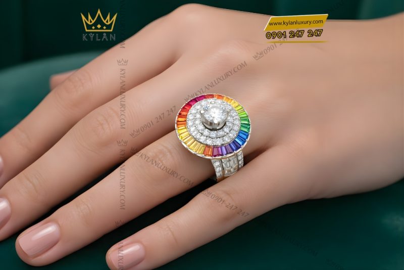 Nhẫn nữ vàng trắng Au750 đính kim cương và đá quý Rainbow
