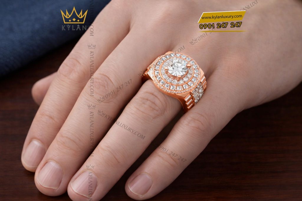 Nhẫn rolex vàng hồng Au750 đính kim cương