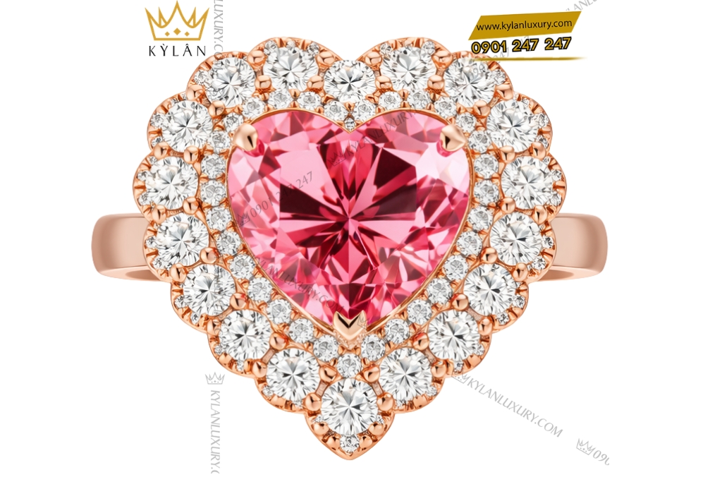 Nhẫn trái tim vàng hồng Au750 đính kim cương và sapphire hồng